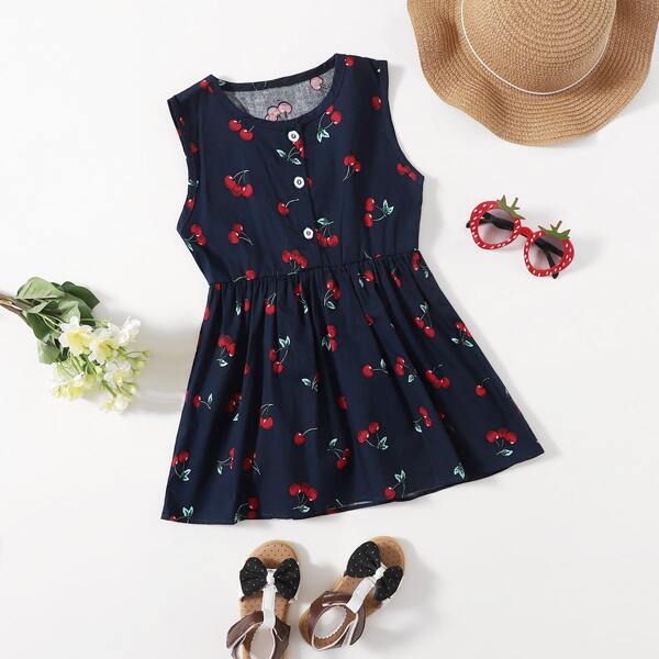 

Toddler Girls Half Button Cheery Print Dress, Navy blue
