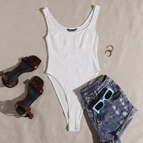 

Rib-knit Bustier Bodysuit, White