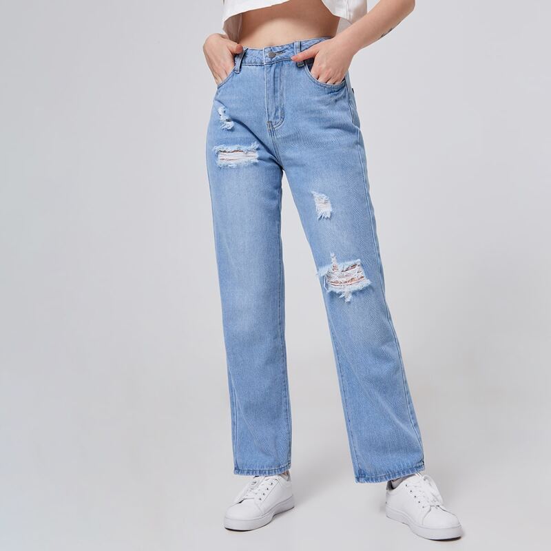 

High Waist Ripped Straight Jeans, Light wash