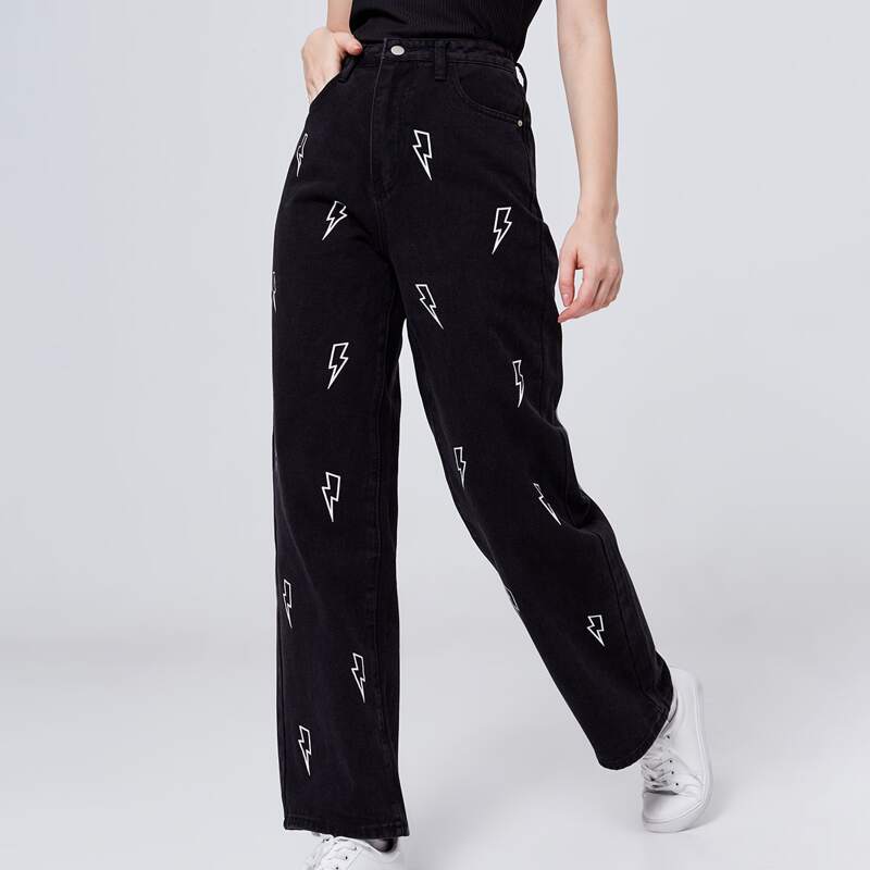 

High Waist Lightning Print Straight Leg Jeans, Black