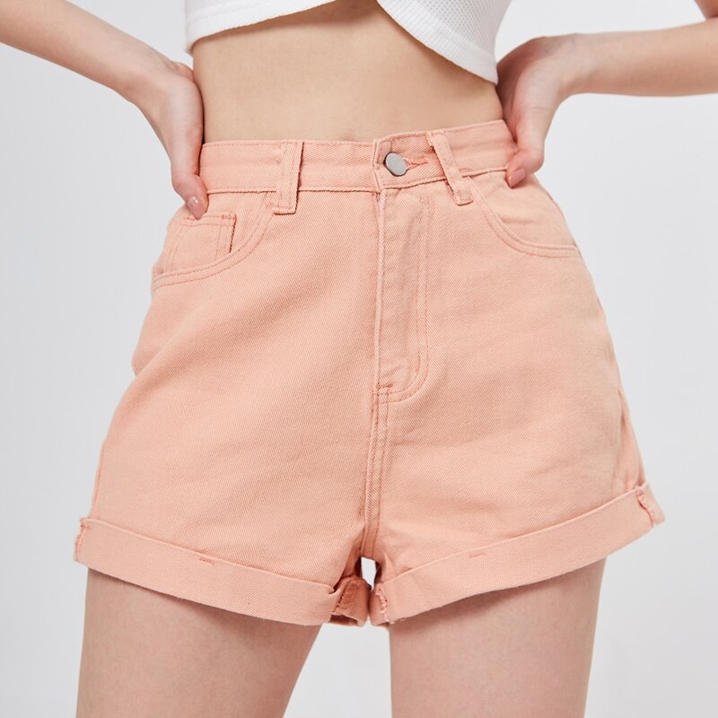 

Rolled High-Rise Denim Shorts, Orange pastel