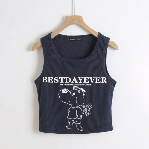 

Cartoon & Letter Graphic Rib-knit Tank Top, Navy blue