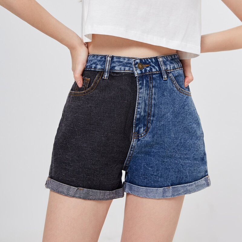 

Colorblock Roll Up Hem Denim Shorts, Multicolor