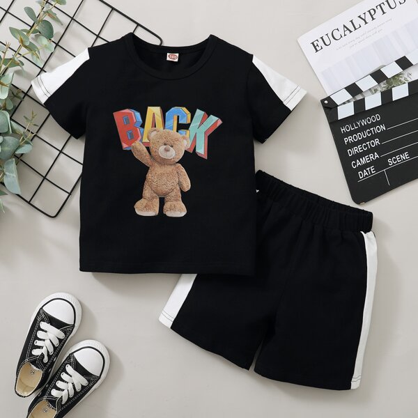 

Toddler Boys Cartoon Bear And Letter Graphic Tee & Track Shorts, Black