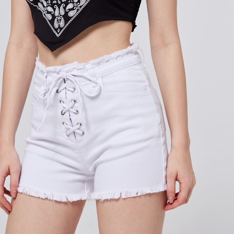 

Lace Up Raw Hem Denim Shorts, White