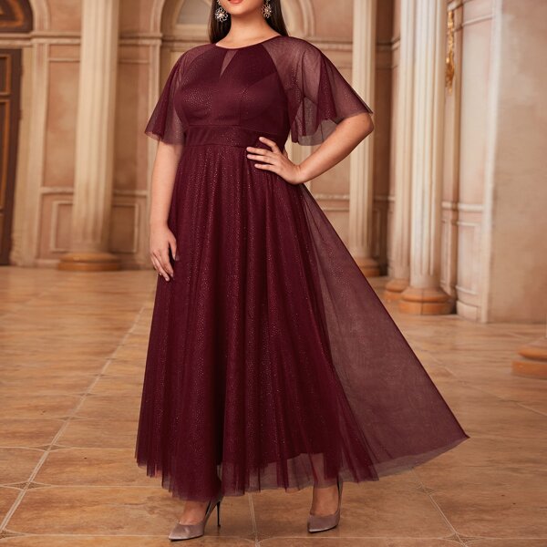 

Plus Contrast Mesh Maxi A-line Prom Dress, Maroon