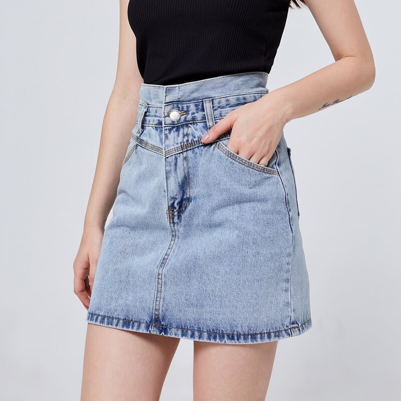 

Notch Neck Bodycon Denim Skirt Without Belt, Light wash