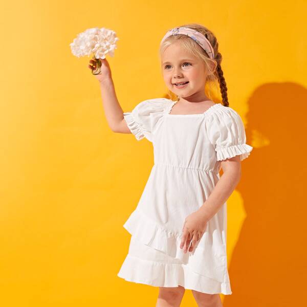 

Toddler Girls Square Neck Puff Sleeve Dress, White
