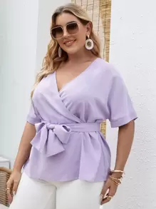 Plus Surplice Front Belted Blouse - Lilac Purple - View 1