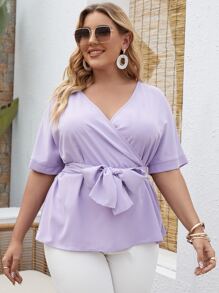 Plus Surplice Front Belted Blouse - Lilac Purple - View 4