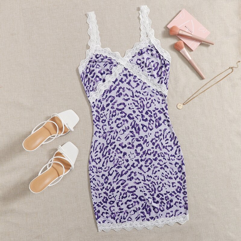 

Contrast Lace Detail Leopard Dress, Multicolor