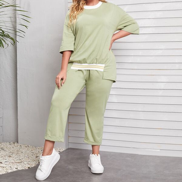 

Plus Striped Asymmetrical Hem Tee With Sweatpants, Mint green