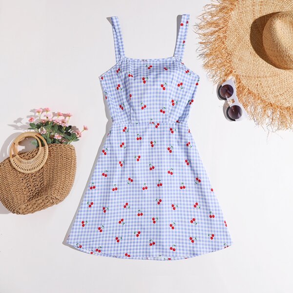 

Cherry & Gingham Print Slip Dress, Multicolor