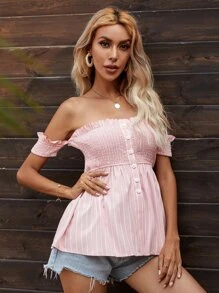 SHEIN VCAY Striped Shirred Smock Blouse - Baby Pink - View 1