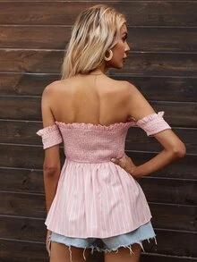 SHEIN VCAY Striped Shirred Smock Blouse - Baby Pink - View 2