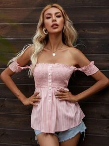 SHEIN VCAY Striped Shirred Smock Blouse - Baby Pink - View 5