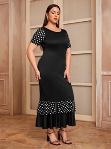 Plus Polka Dot Mermaid Dress - Black - View 3