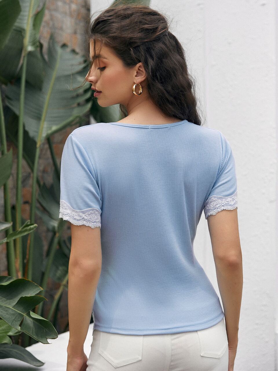Surplice Neck Lace Trim Asymmetrical Hem Tee