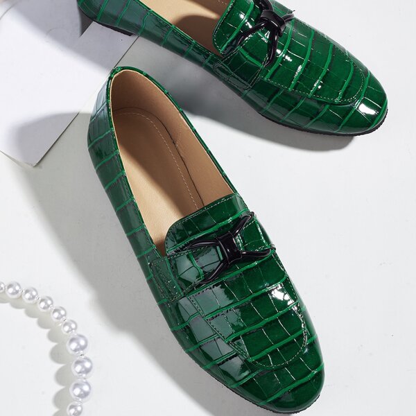 

Bow Decor Croc Embossed Flat Loafers, Green