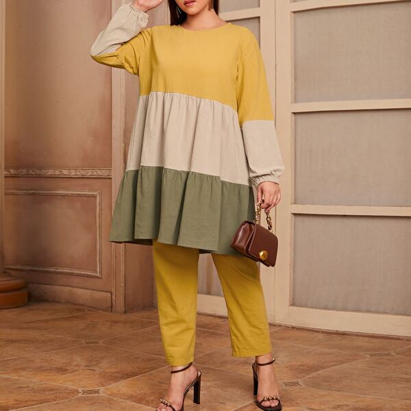 

Plus Colorblock Babydoll Top With Pants, Multicolor