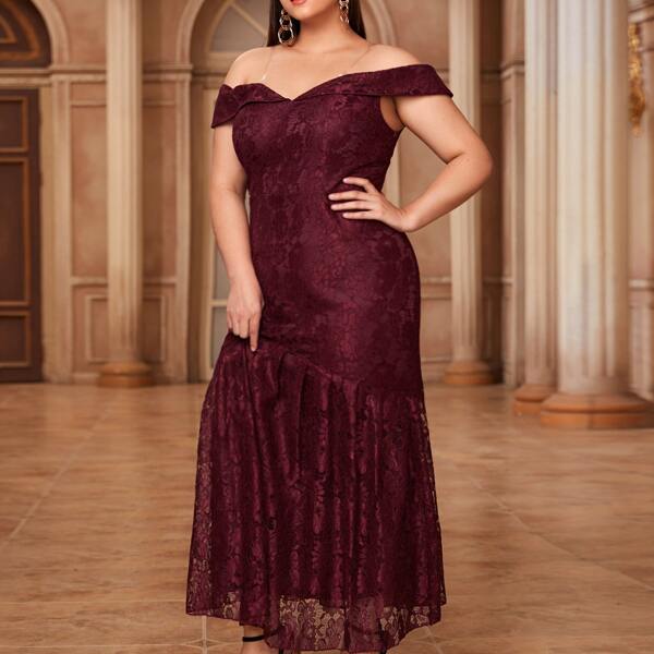 

Plus Off The Shoulder Lace Overlay Maxi Dress, Maroon