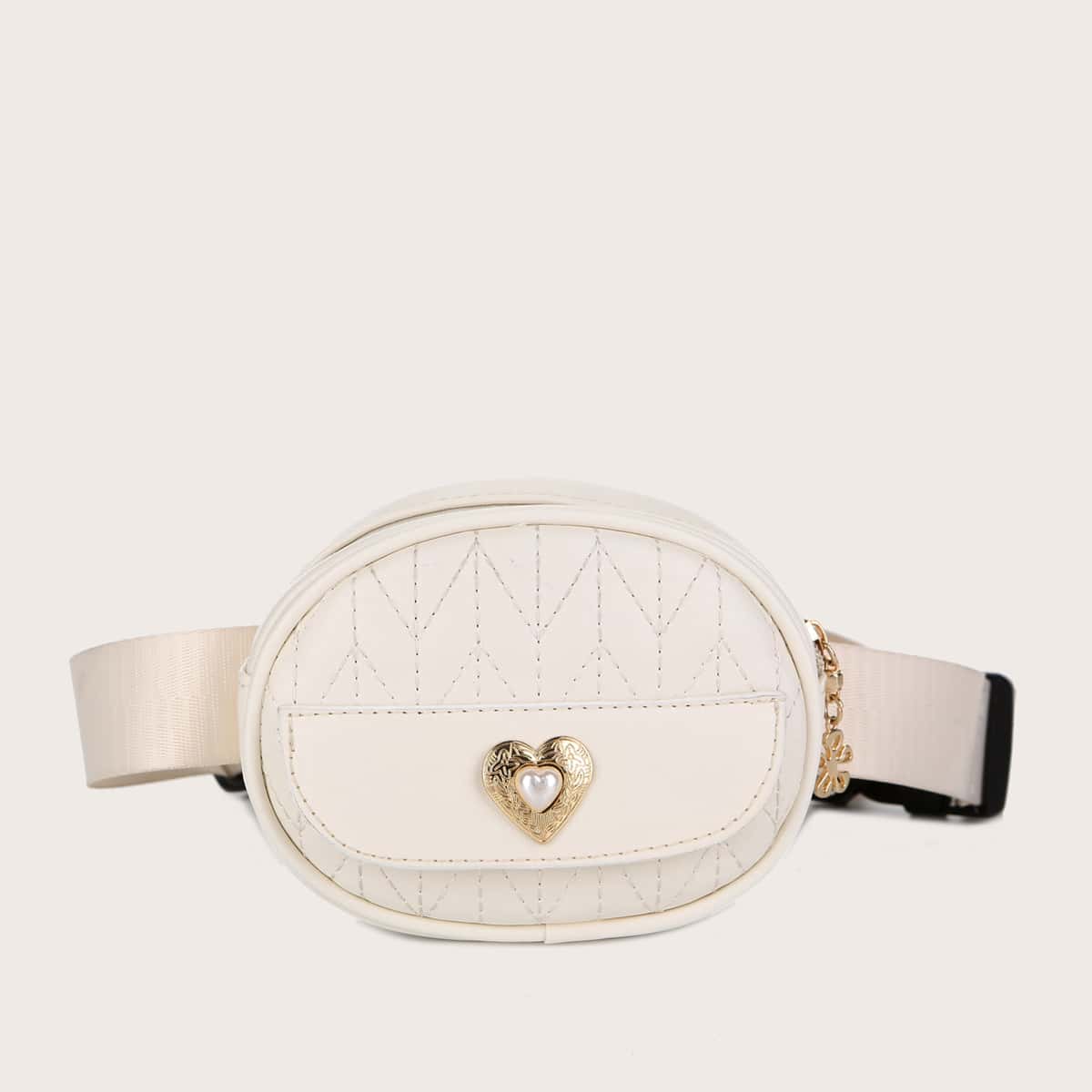 

Mini Faux Pearl Decor Quilted Belt Bag, Beige
