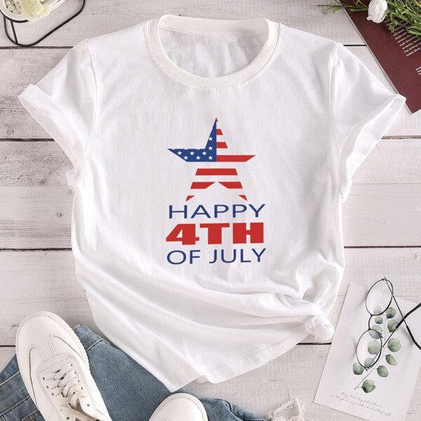 

4th of July & American Flag Print Tee, White