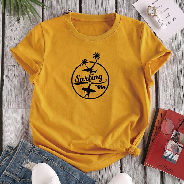 

Tropical And Letter Graphic Tee, Mustard yellow