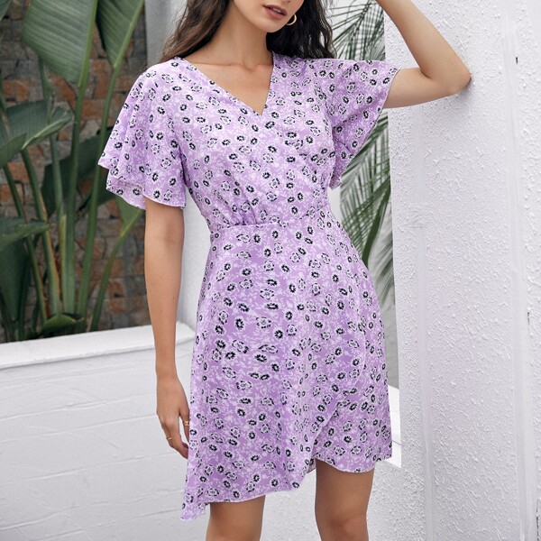 

Surplice Neck Flounce Sleeve Floral Dress, Lilac purple