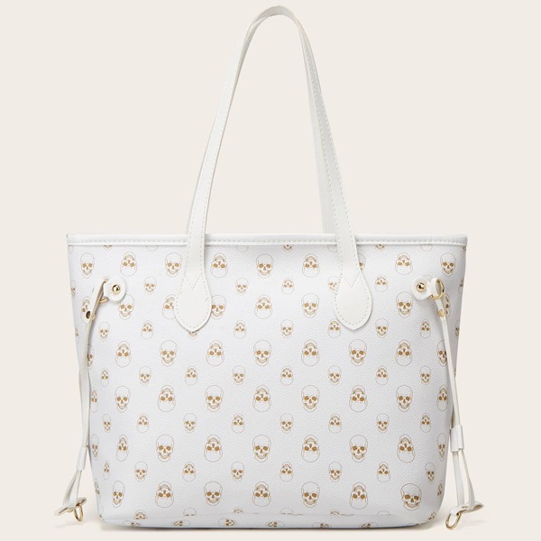 

Skull Graphic Shoulder Tote Bag, White