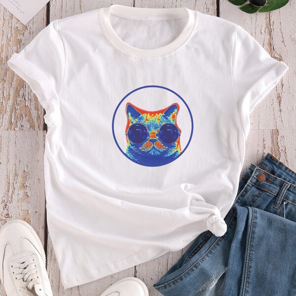

Cat Print Short Sleeve Tee, White