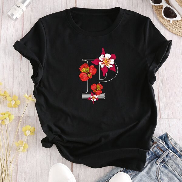 

Floral And Letter Graphic Tee, Black