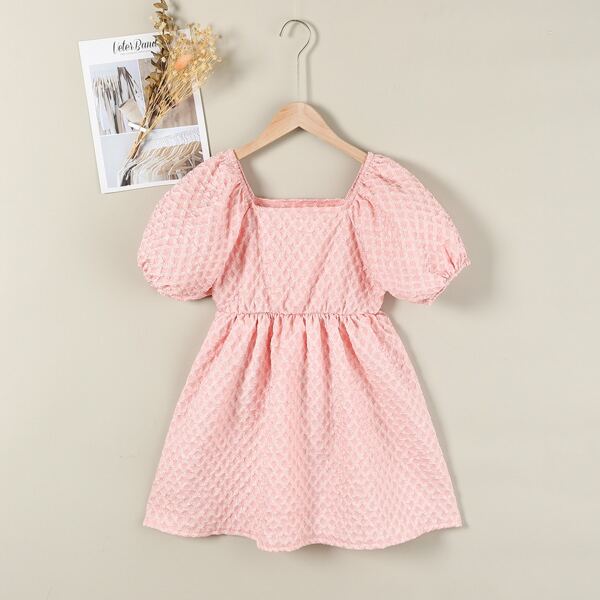 

Girls Solid Puff Sleeve A-line Dress, Baby pink