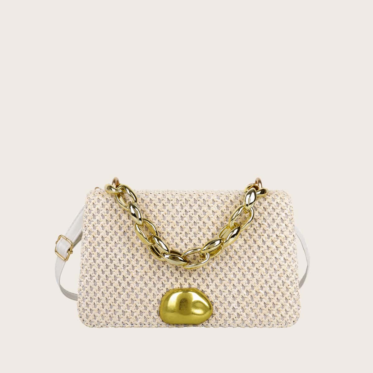 

Straw Chain Satchel Bag, White