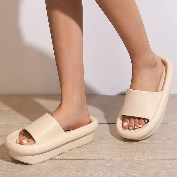 

Minimalist Open Toe Flatform Slides, Beige