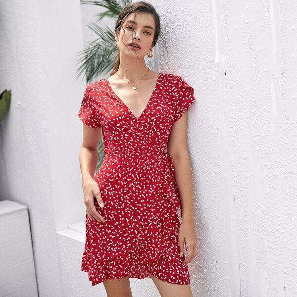 

Petal Sleeve Surplice Neck Knot Ruffle Hem Heart Print Dress, Red