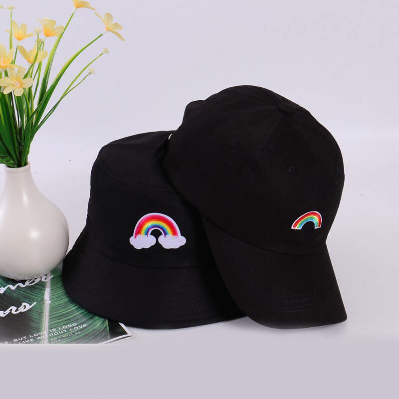 

2pack Rainbow Embroidery Bucket Hat & Baseball Cap, Black