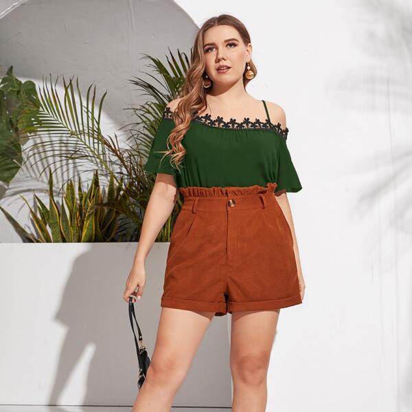 

Plus Cold Shoulder Lace Trim Blouse, Dark green