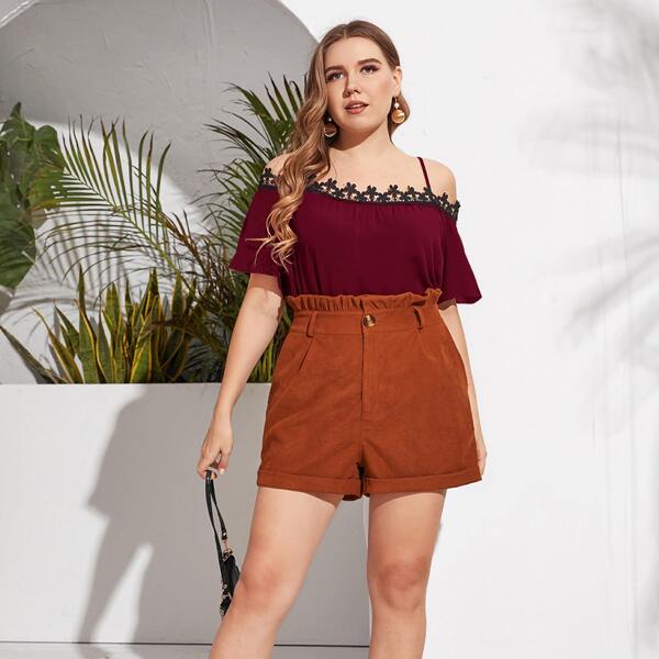 

Plus Cold Shoulder Lace Trim Blouse, Maroon