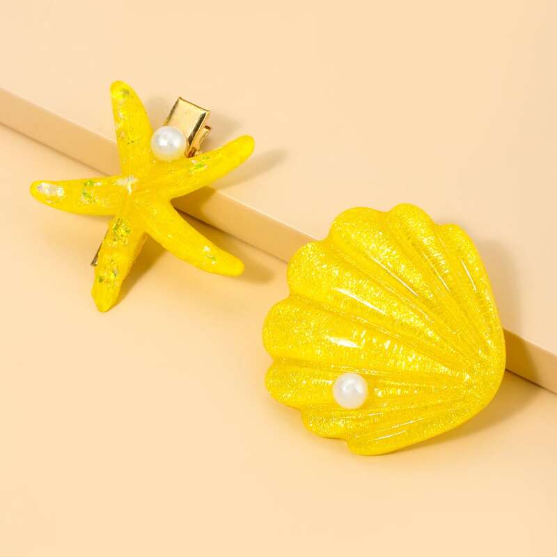 

2pcs Starfish & Shell Design Hair Clip, Yellow