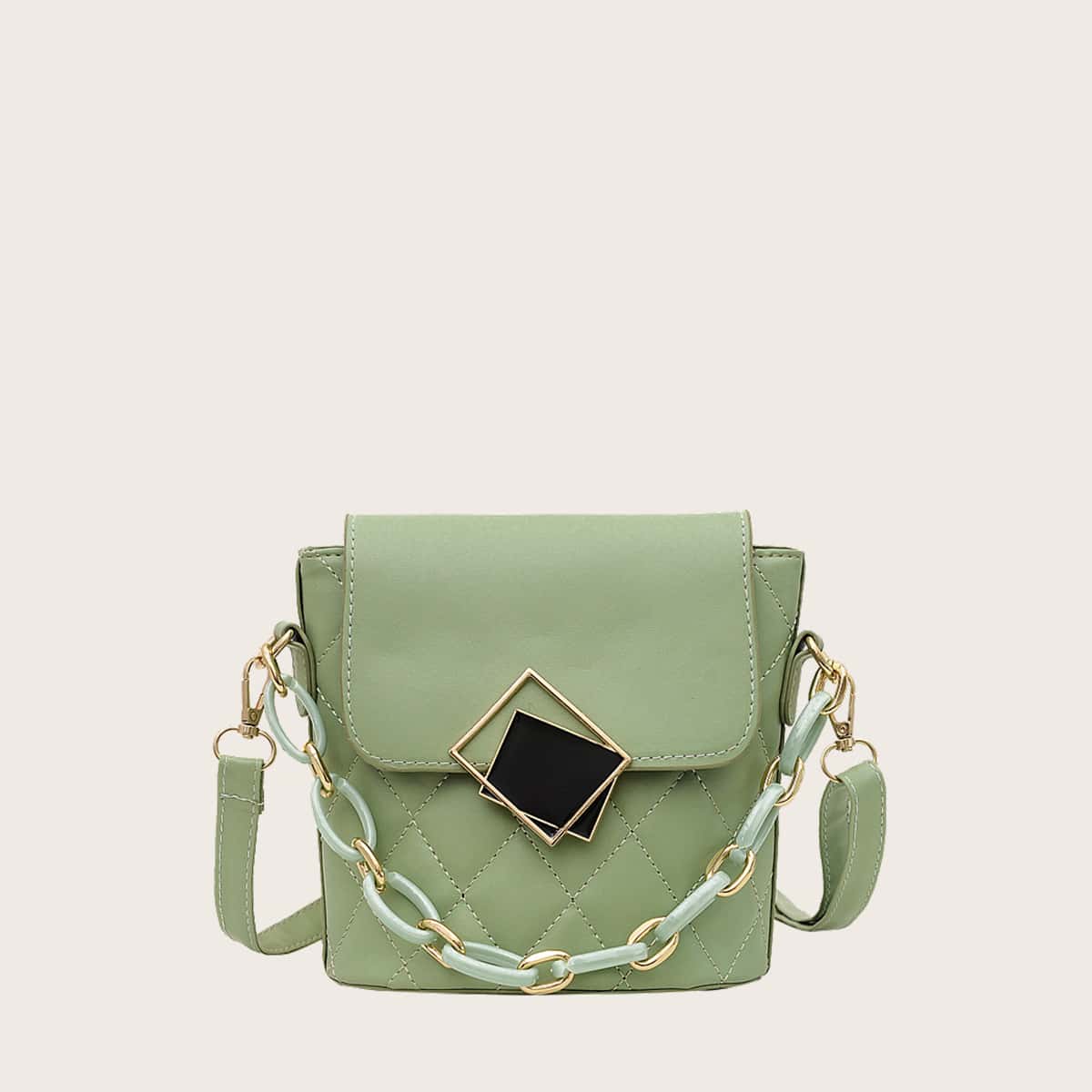 

Quilted Chain Bucket Bag, Mint green