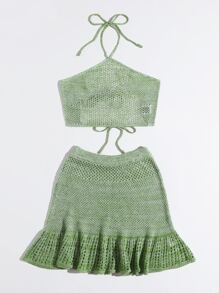 SHEIN Swim Summer Beach Halterneck Tied Backless Pointelle Knit Cover Up Top & Skirt Set - Green - View 3
