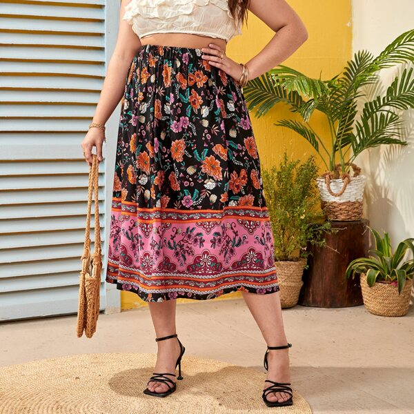 

Plus Floral Print Skirt, Multicolor