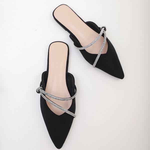 

Rhinestone Decor Point Toe Mules, Black