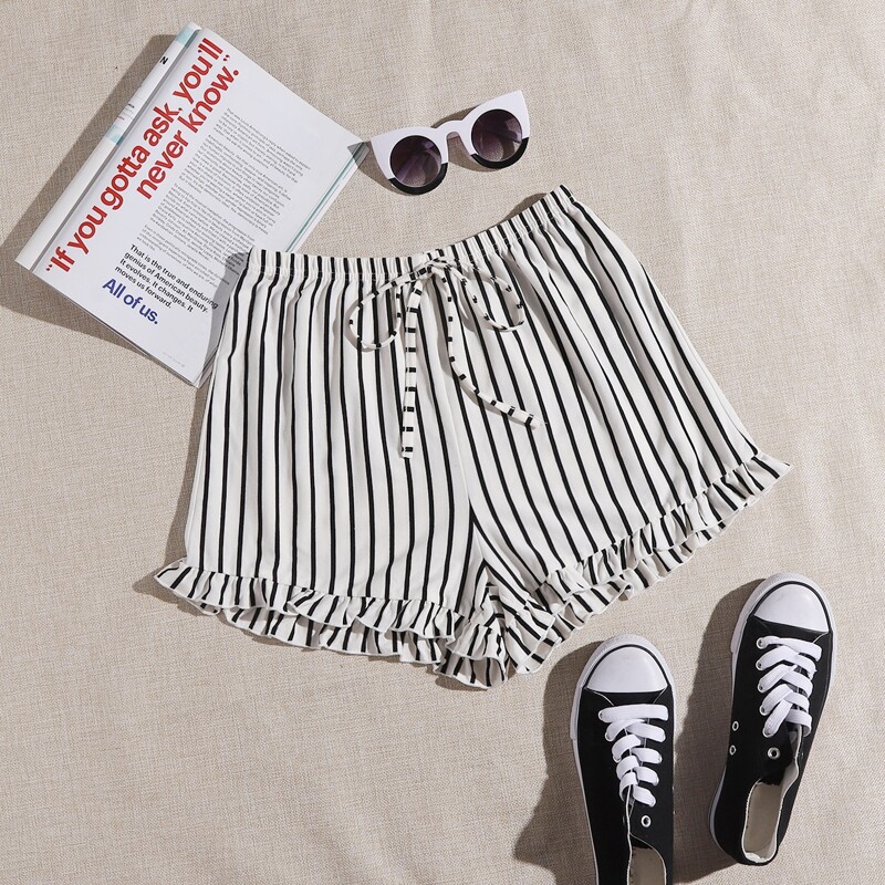 

Knot Waist Ruffle Hem Striped Shorts, Black and white
