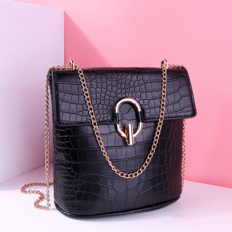 

Croc Embossed Chain Bucket Bag, Black