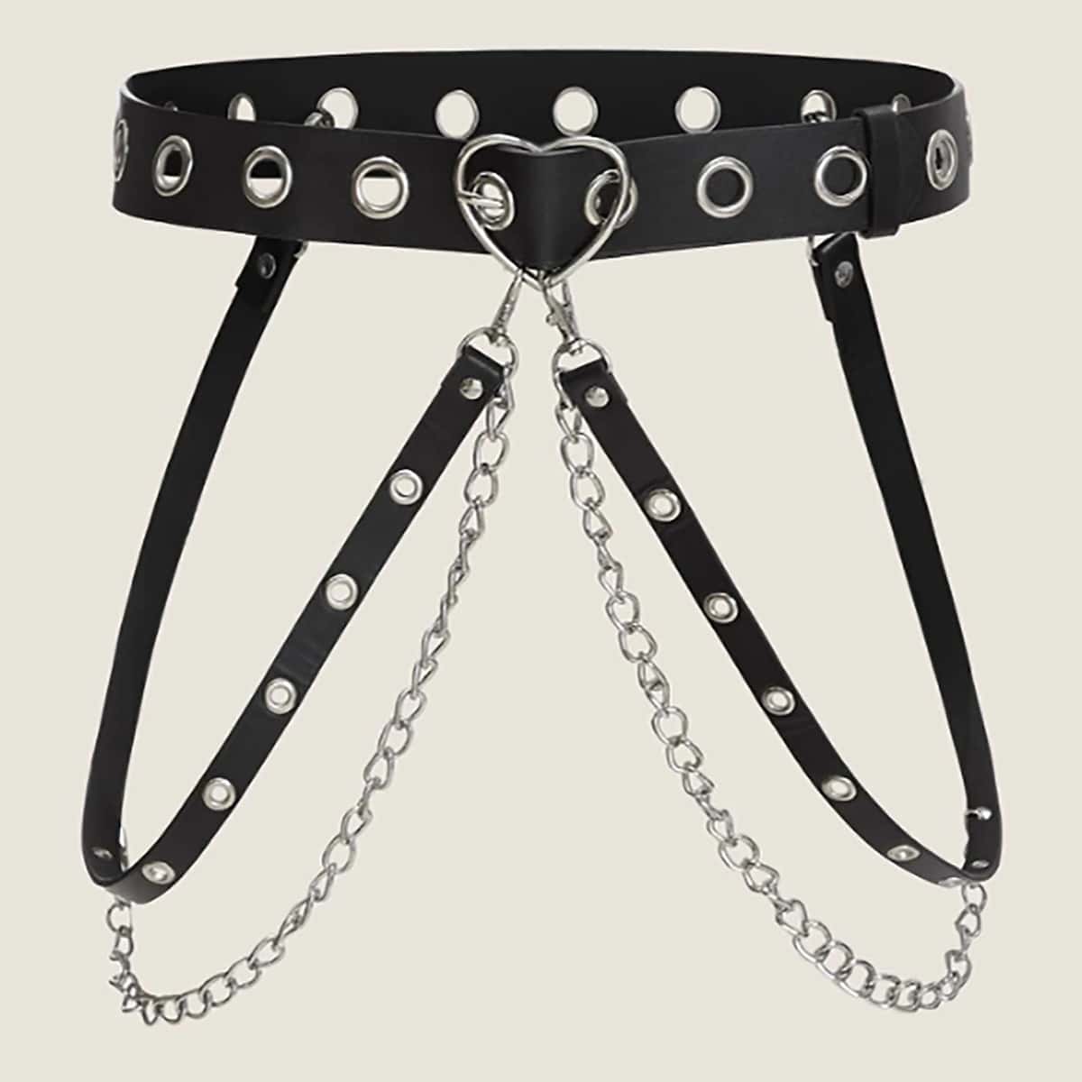 

Eyelet & Chain Decor Heart Buckle Belt, Black