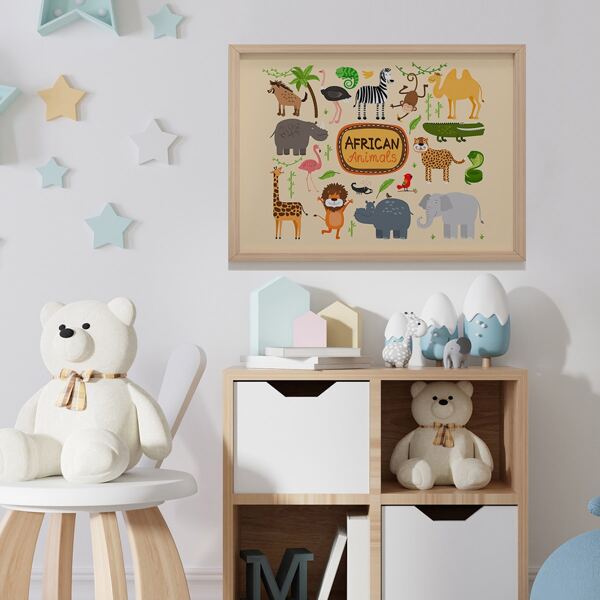 

Cartoon Animal Print Kids Unframed Painting, Khaki
