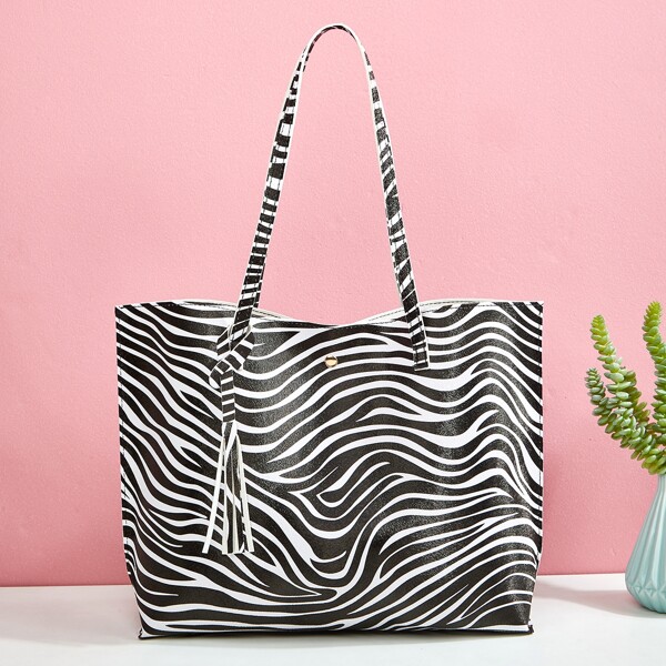 

Zebra Print Large Capacity Tote Bag, Black and white