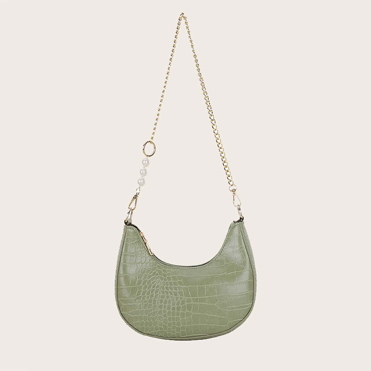 

Croc Embossed Chain Baguette Bag, Green